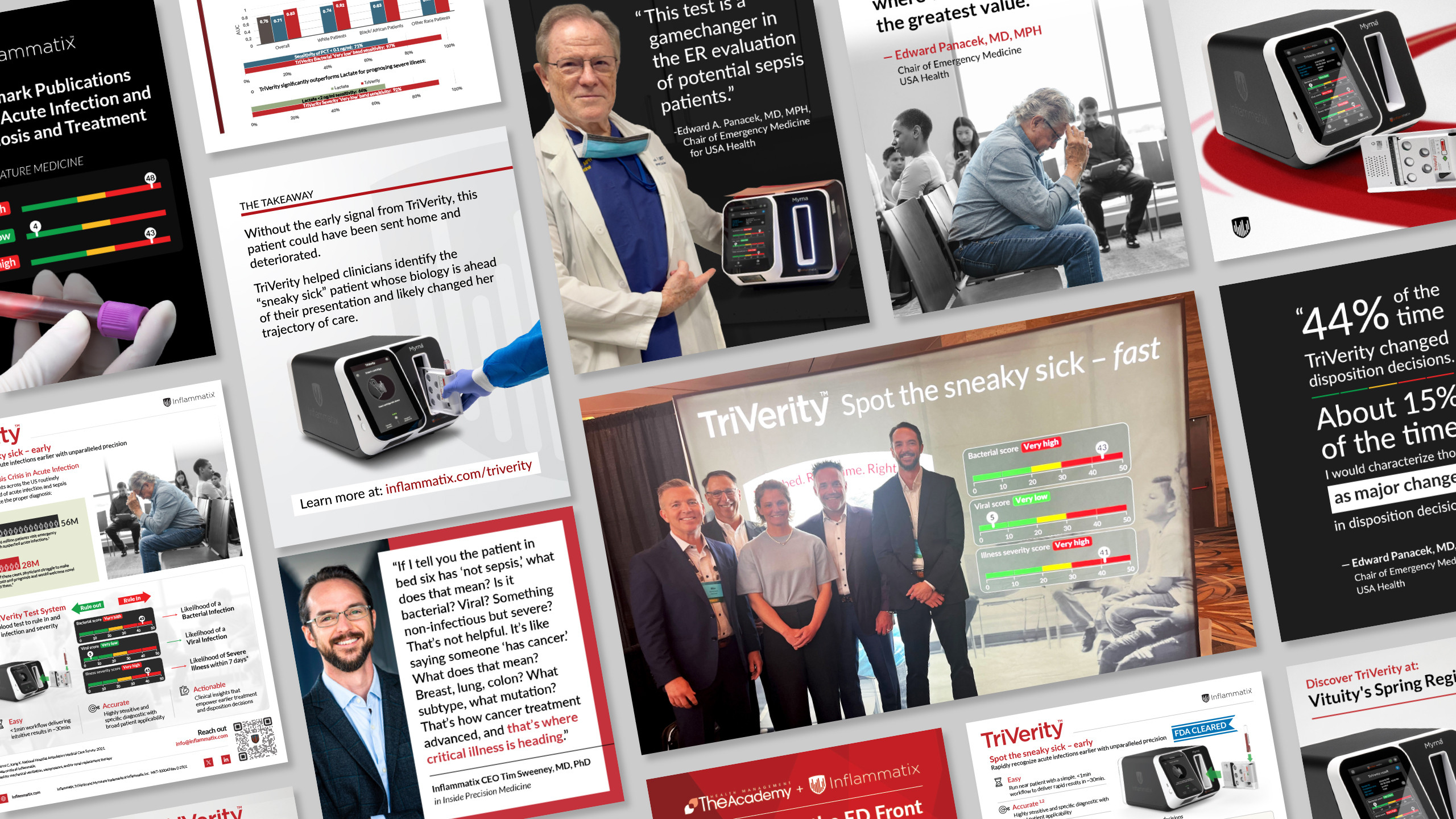 Collage of Inflammatix TriVerity campaign creative: clinical education, testimonials, and event materials
