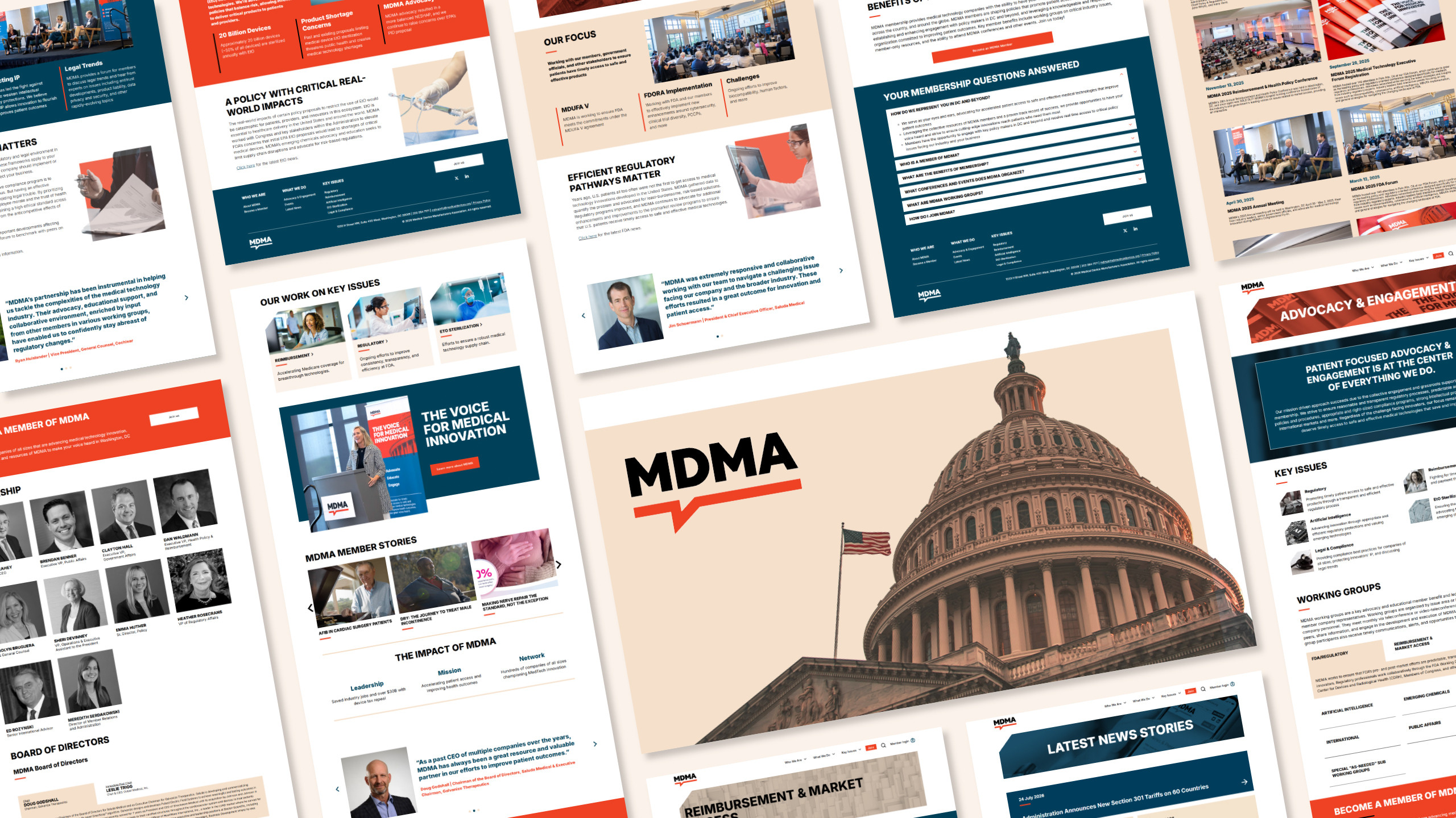 Collage of the MDMA website: advocacy pages, member stories, key issues, and leadership