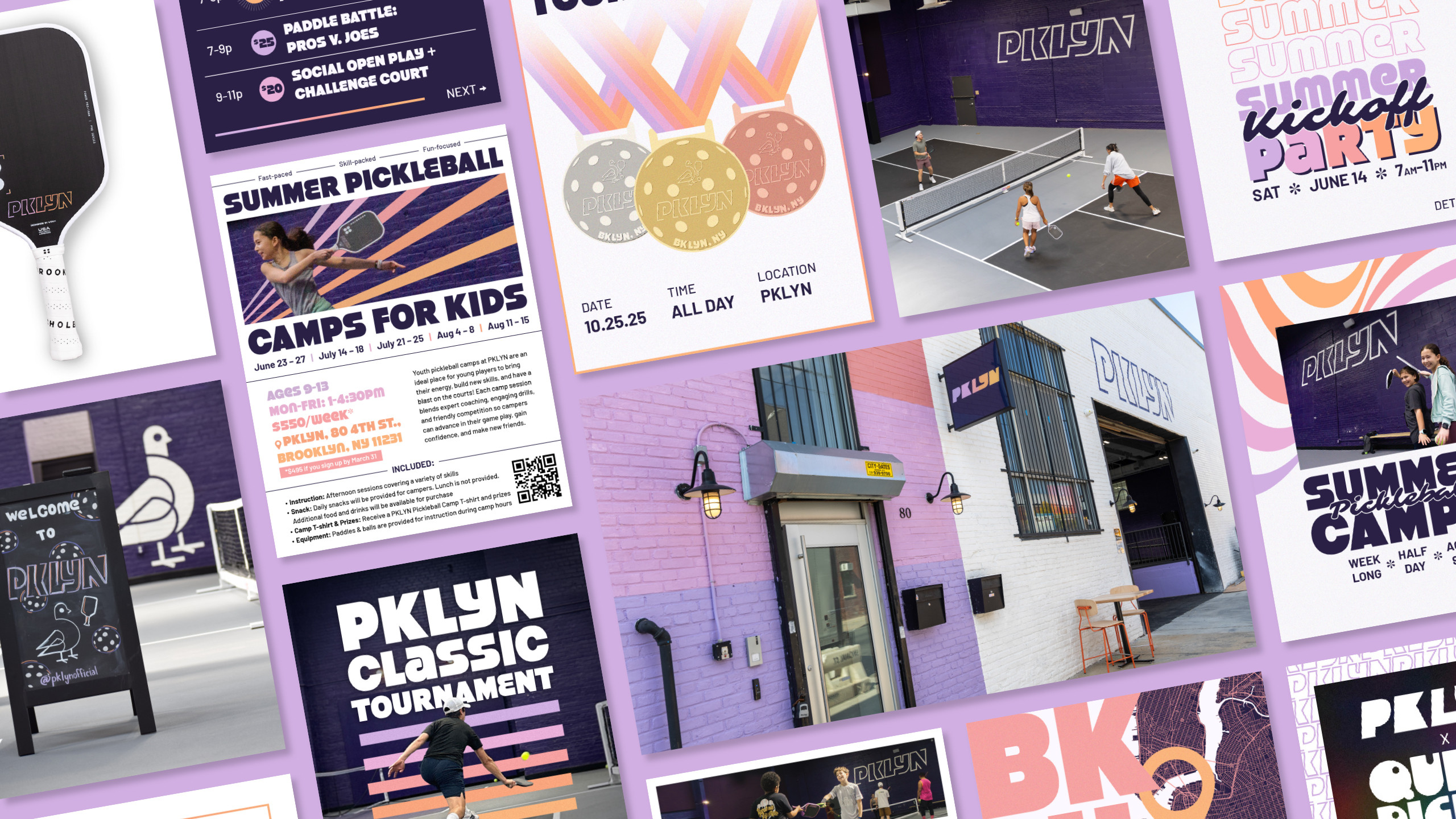 Collage of PKLYN brand creative: event posters, signage, merch, and the Brooklyn facility